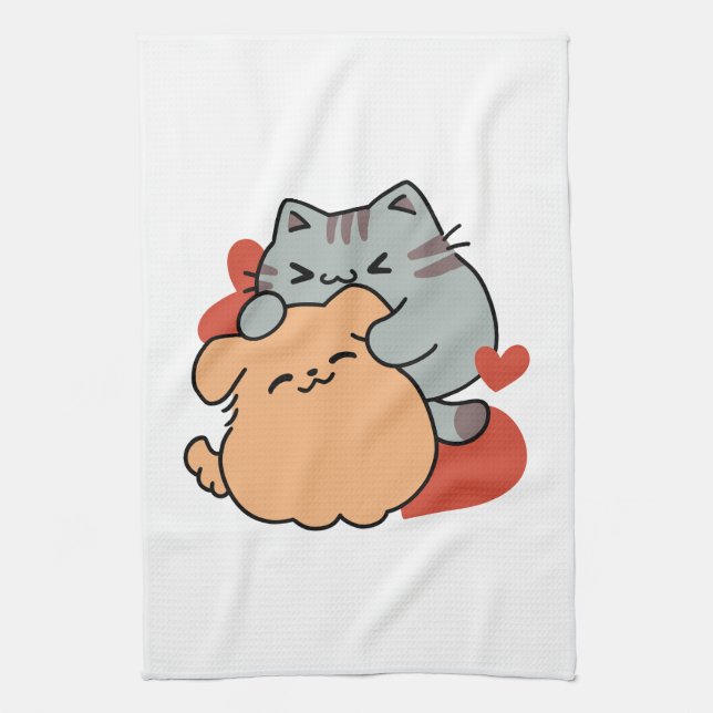 Linge De Cuisine Adorable chat et chien Hug - Meow & Woof Design (Vertical)
