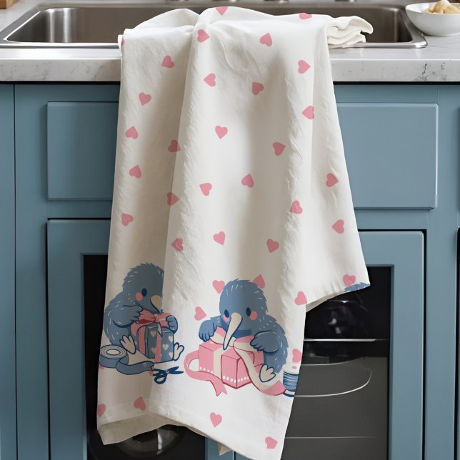 Linge De Cuisine Adorable kawaii Kiwi love bird Valentine Cute Pink (Kawaii kiwi birds wrap gifts amid pink hearts on this adorable Valentine’s kitchen towel.)