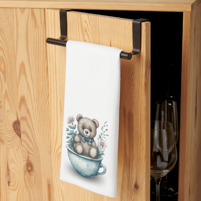 Linge De Cuisine Adorable ours en peluche en tasse avec fleurs (Pliage en tiers)