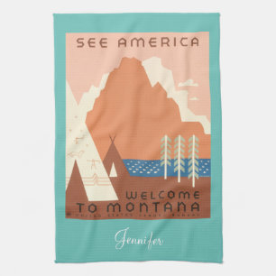 Linge De Cuisine Affiche vintage du Montana, nom personnalisé, sarc