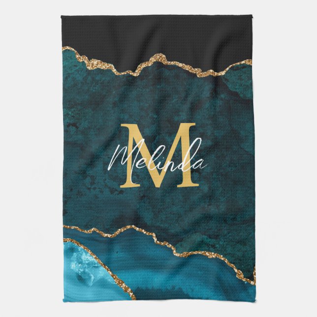Linge De Cuisine Agate Marbré Bleu Sarcelle et Or (Vertical)