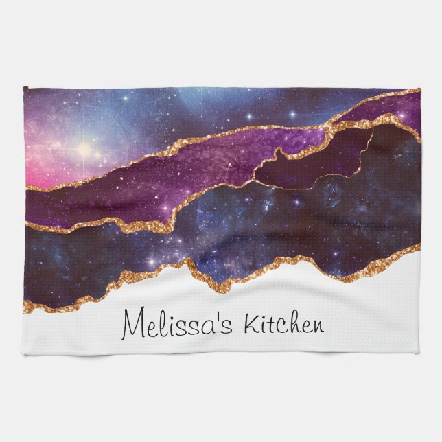 Linge De Cuisine Agate Moderne Bleu & Violet Espace & Étoiles (Horizontal)