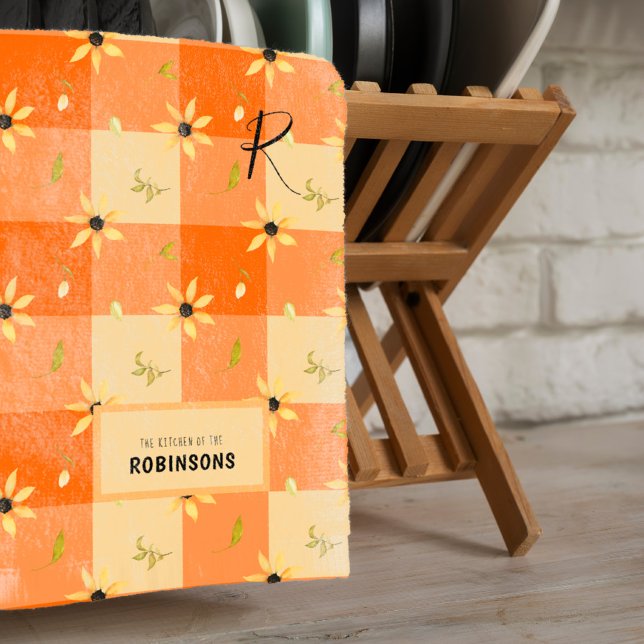 Linge De Cuisine Agritourisme rustique orange en vichy floral monog (Créateur téléchargé)