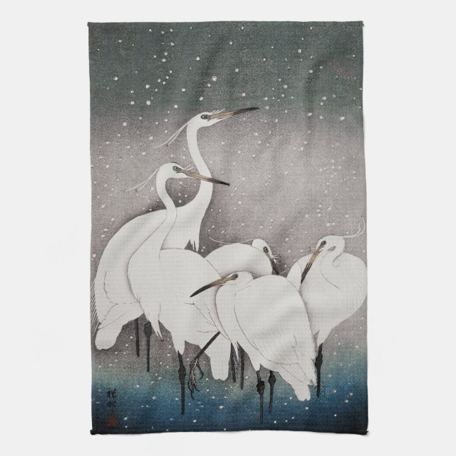 Linge De Cuisine Aigrettes japonaises Grues Koson Neige d'hiver (Vertical)
