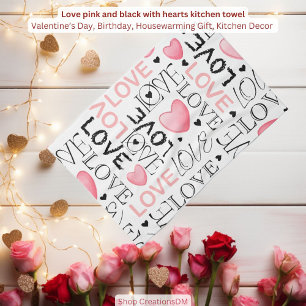 Linge De Cuisine Aimer rose et noir avec les coeurs