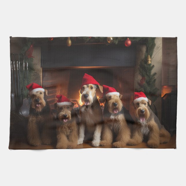 Linge De Cuisine Airedale au coin du feu de Noël (Horizontal)