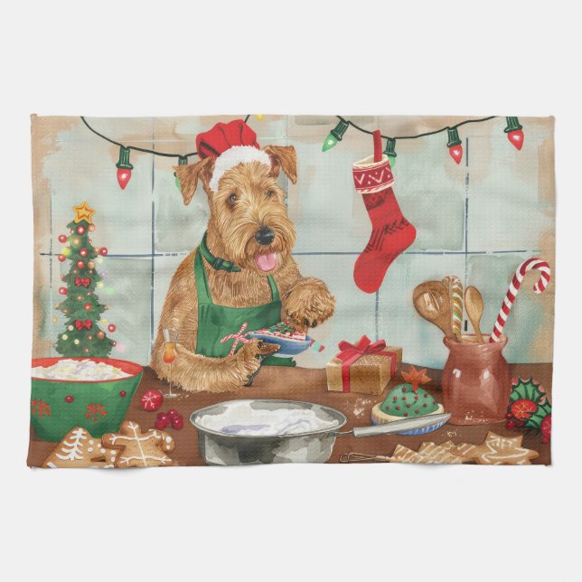 Linge De Cuisine Airedale Terrier Gâteau de vacances : Noël festif (Horizontal)