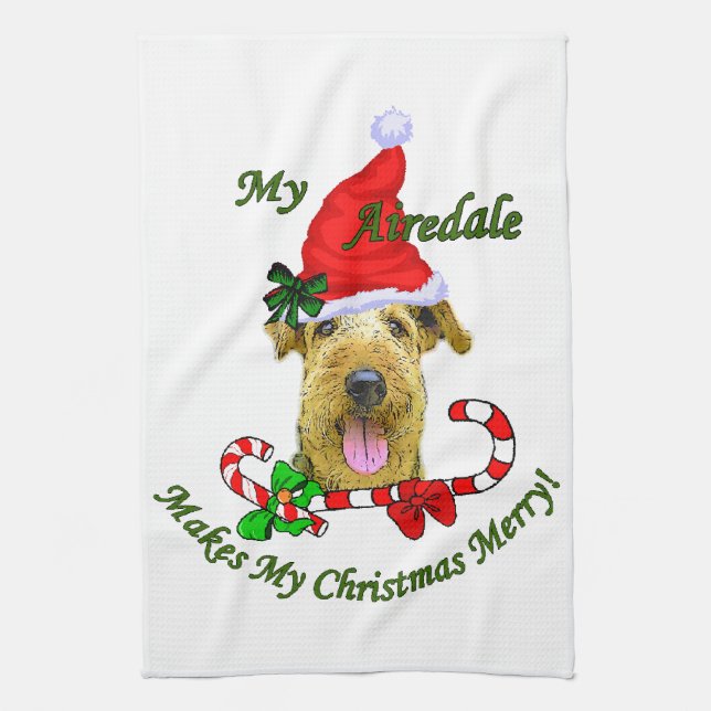Linge De Cuisine Airedale Terrier Joyeux Noël (Vertical)