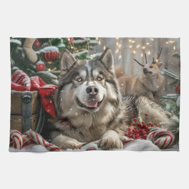 Linge De Cuisine Alaskan Malamute Chien Fête de Noël (Horizontal)