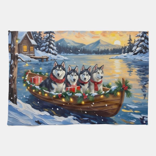 Linge De Cuisine Alaskan Malamute Christmas Boat Holiday (Horizontal)