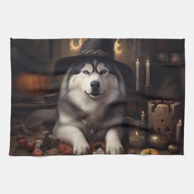 Linge De Cuisine Alaskan Malamute Citrouilles Halloween effrayant (Horizontal)