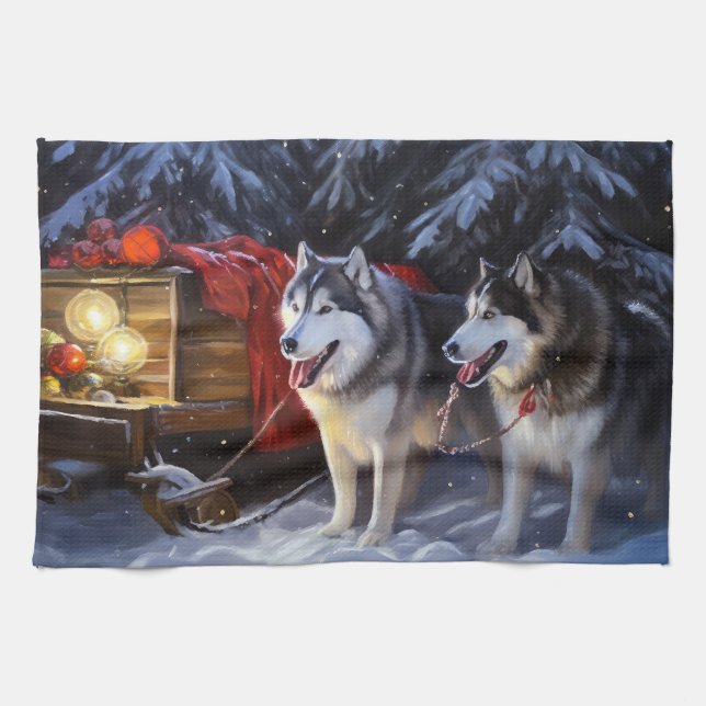 Linge De Cuisine Alaskien Malamute Snowy Sleigh Ride Noël (Horizontal)
