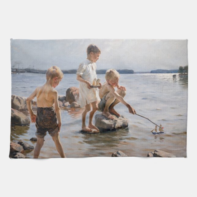 Linge De Cuisine Albert Edelfeue - Les garçons jouent sur le rivage (Horizontal)