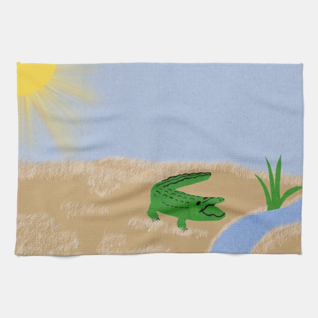 Linge De Cuisine Alligator Green Whimsical Cartoon Art (Horizontal)