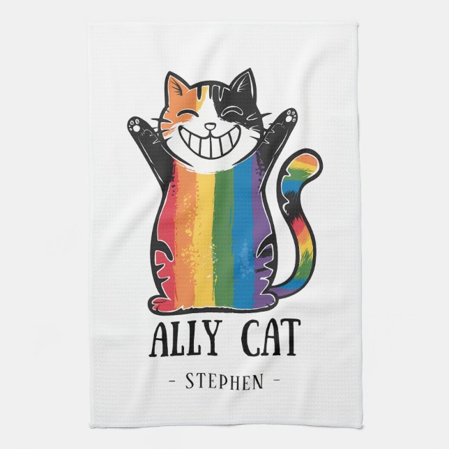 Linge De Cuisine Ally Cat - Rainbow Cat LGBTQ Pride (2) (Vertical)