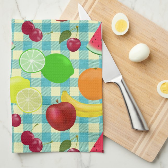 Linge De Cuisine Alors Joli Motif Fruit Aqua Checks (Quart Plié)