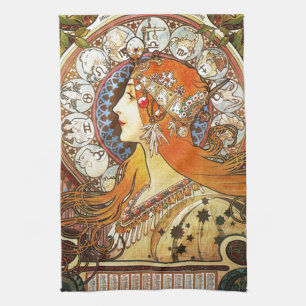 Linge De Cuisine Alphonse Mucha La Plume Zodiac Art Nouveau Vintage