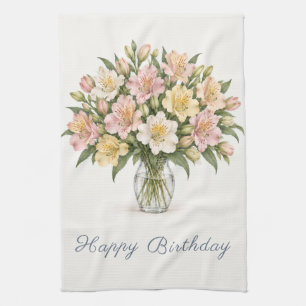 Linge De Cuisine Alstroemeria pastel Joyeux Anniversaire
