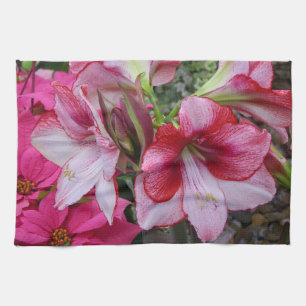 Linge De Cuisine Amaryllis et Poinsettia Fleurs de Fêtes Rouges