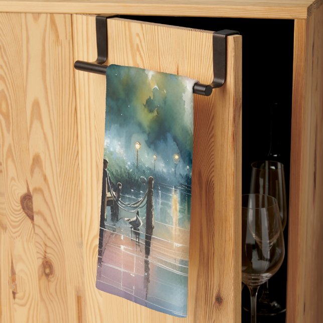 Linge De Cuisine Ambiance romantique Moonlight Watercolor Scène noc (Pliage en tiers)