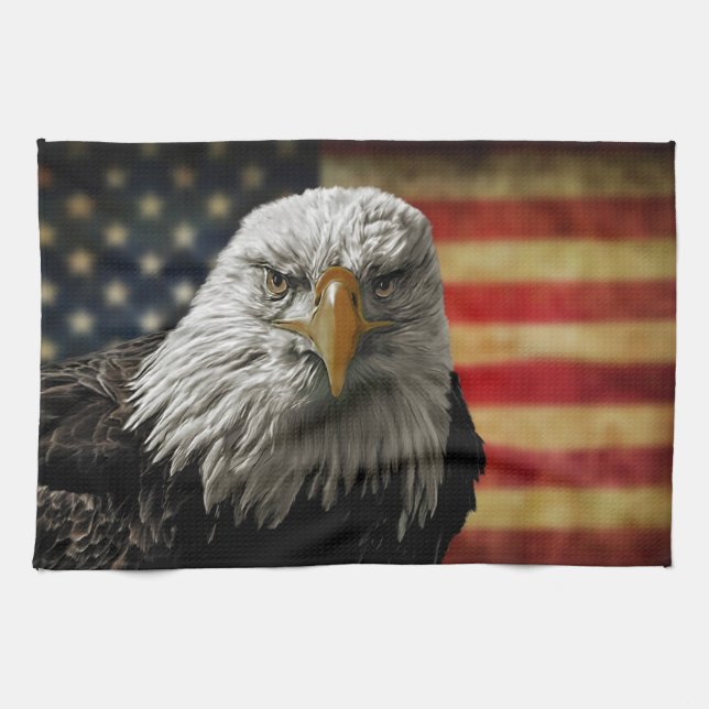 Linge De Cuisine American Bald Eagle on Grunge Flag (Horizontal)