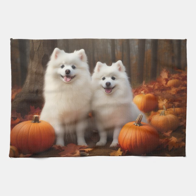 Linge De Cuisine American Eskimo Chiot Automne Citrouille délice (Horizontal)