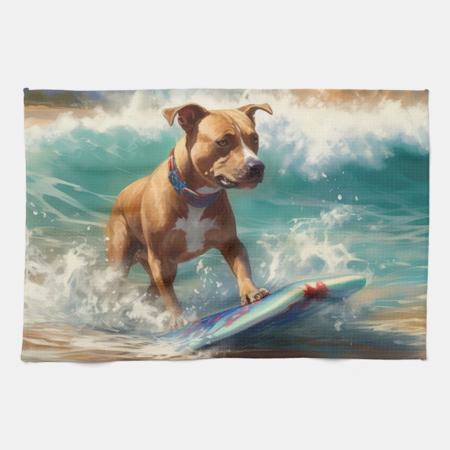 Linge De Cuisine American Staffordshire Beach Surf Peinture (Horizontal)