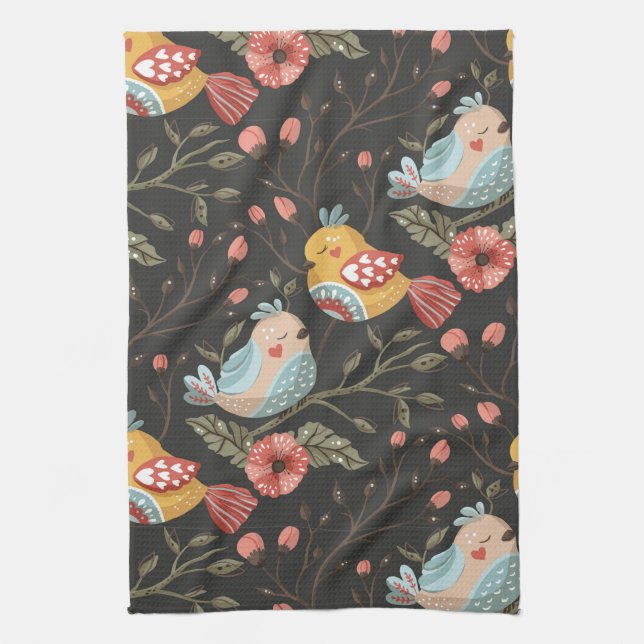 Linge De Cuisine Amour Boho Birds Plan Floral (Vertical)