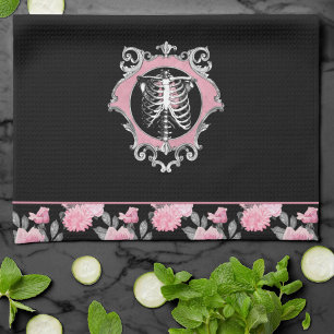 Linge De Cuisine Amour gothique Squelette rose et noir Coeur flor