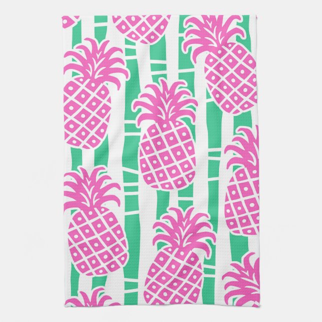 Linge De Cuisine Ananas Bambou rayures rose et Motif vert (Vertical)