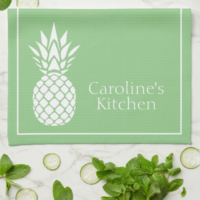 Linge De Cuisine Ananas Blanc Prépa sur Fond Vert Sauge (Plié)