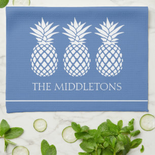 Linge De Cuisine Ananas blancs chic sur fond bleu