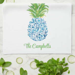 Linge De Cuisine Ananas Chinoiserie Bleu Blanc Preppy Personnalisé
