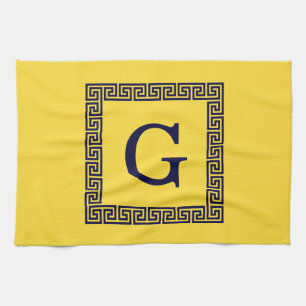 Linge De Cuisine Ananas, Clé grecque bleue marine #1 Monogramme enc
