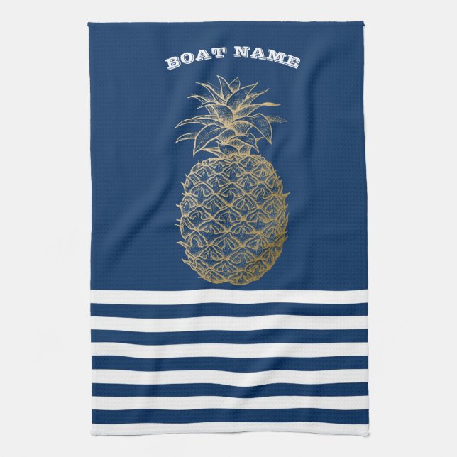 Linge De Cuisine Ananas doré Marin rayé bleu nuit  (Vertical)
