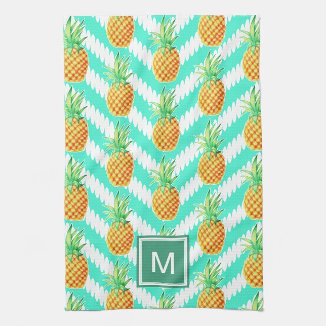 Linge De Cuisine Ananas et Chevrons des îles tropicales | Monogramm (Vertical)