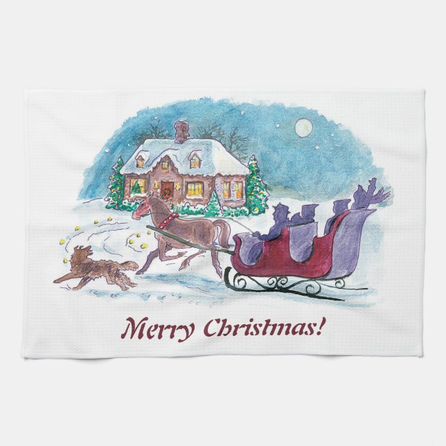 Linge De Cuisine Ancien Cheval et Noël couché (Horizontal)