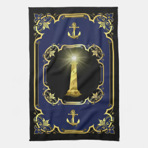 Linge De Cuisine Ancrage nautique/phare doré noir/or/bleu