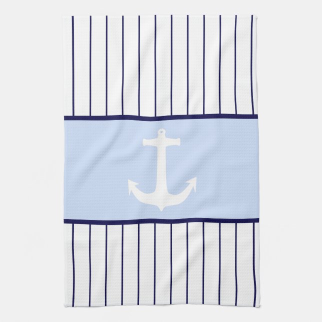 Linge De Cuisine Ancre blanche Capitaine Blue Stripes Mer Océan (Vertical)