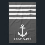 Linge De Cuisine Ancre classique nautique Votre nom de bateau Gris<br><div class="desc">Ancre classique nautique personnalisée avec votre nom de bateau personnalisé sur une serviette élégante de cuisine grise avec rayures blanches.</div>