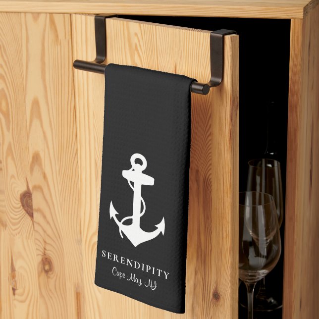 Linge De Cuisine Ancre de bateau classique Monogramme noir (Pliage en tiers)