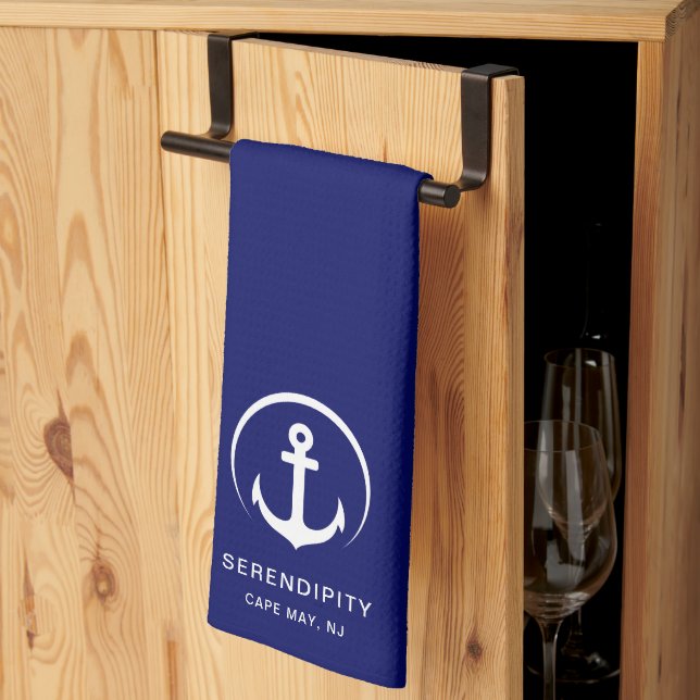 Linge De Cuisine Ancre de bateau moderne Monogram Navy Blue (Pliage en tiers)