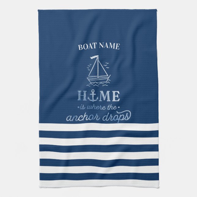 Linge De Cuisine Ancre de bateau nautique rayée bleu marine   (Vertical)