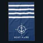 Linge De Cuisine Ancre de boussole nautique Nom du bateau Marine Bl<br><div class="desc">Compas nautique personnalisé et Ancre avec votre nom de bateau personnalisé sur une serviette de cuisine bleu marine.</div>