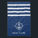 Linge De Cuisine Ancre de boussole nautique Nom du bateau Marine Bl<br><div class="desc">Compas nautique personnalisé et Ancre avec votre nom de bateau personnalisé sur une serviette de cuisine bleu marine.</div>