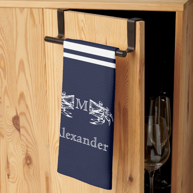 Linge De Cuisine Ancre de crabe bleu marine blanc avec monogramme K (Pliage en tiers)