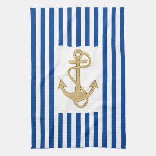 Linge De Cuisine Ancre dorée nautique sur main à rayures bleues ou