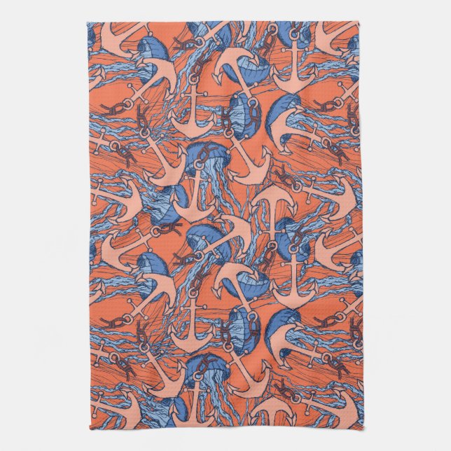 Linge De Cuisine Ancre Et Motif De Méduses (Vertical)