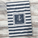 Linge De Cuisine Ancre marine Bleue à rayures Nautique Nom du batea<br><div class="desc">Un design nautique avec ancre,  rayures bleu marine et blanc design et personnalisées avec votre nom de bateau. Conçu par Thisisnotme©</div>