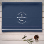 Linge De Cuisine Ancre moderne Nautical Custom Boat Name Bienvenue<br><div class="desc">Serviette de cuisine nautique en bleu marine lisant "bienvenue à bord" ainsi que votre nom de bateau personnalisé et l'emplacement dans un design d'ancre.</div>